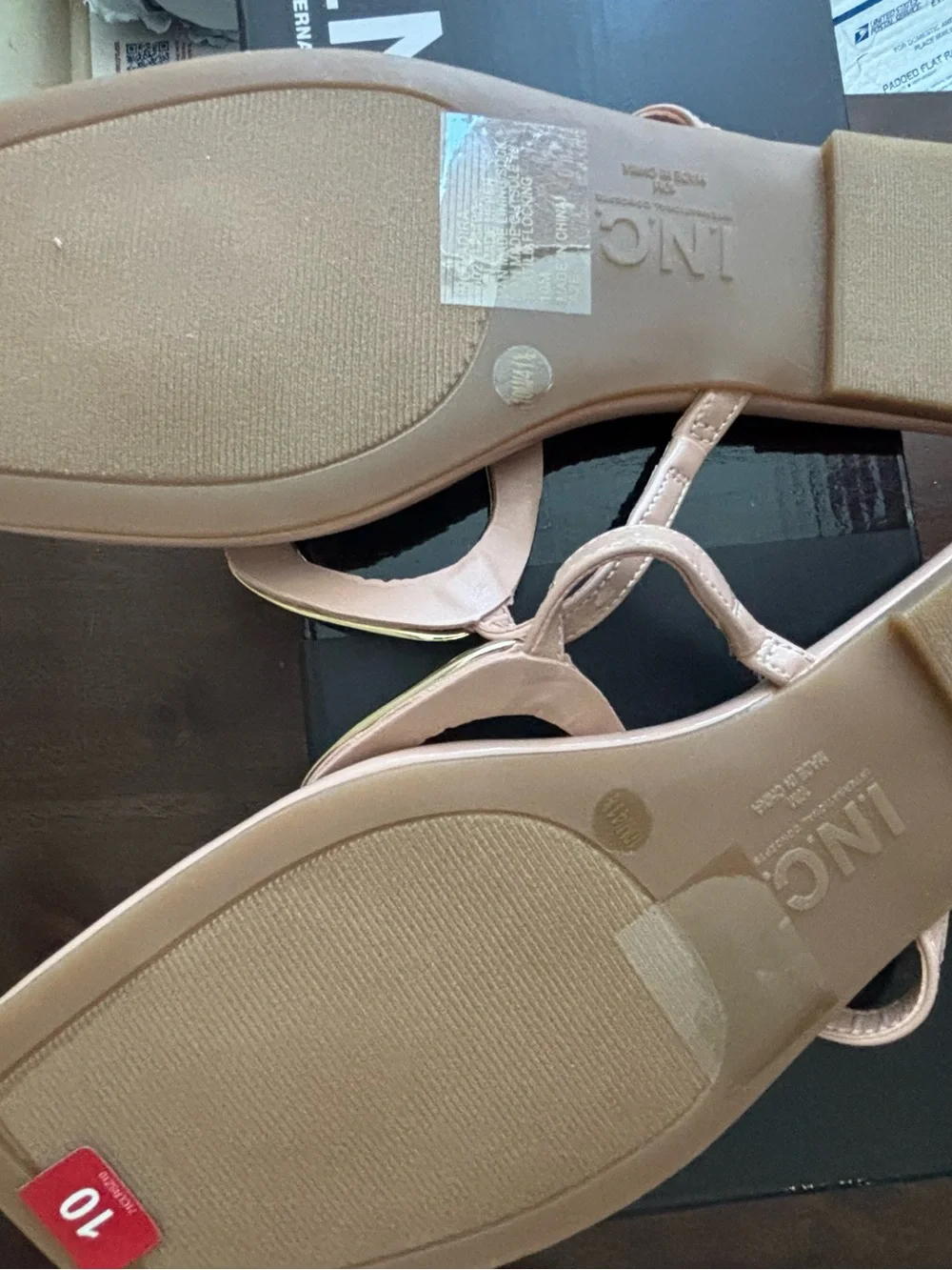 BNIB, I.N.C. Nude Patent Thong Sandals with Gold Accent